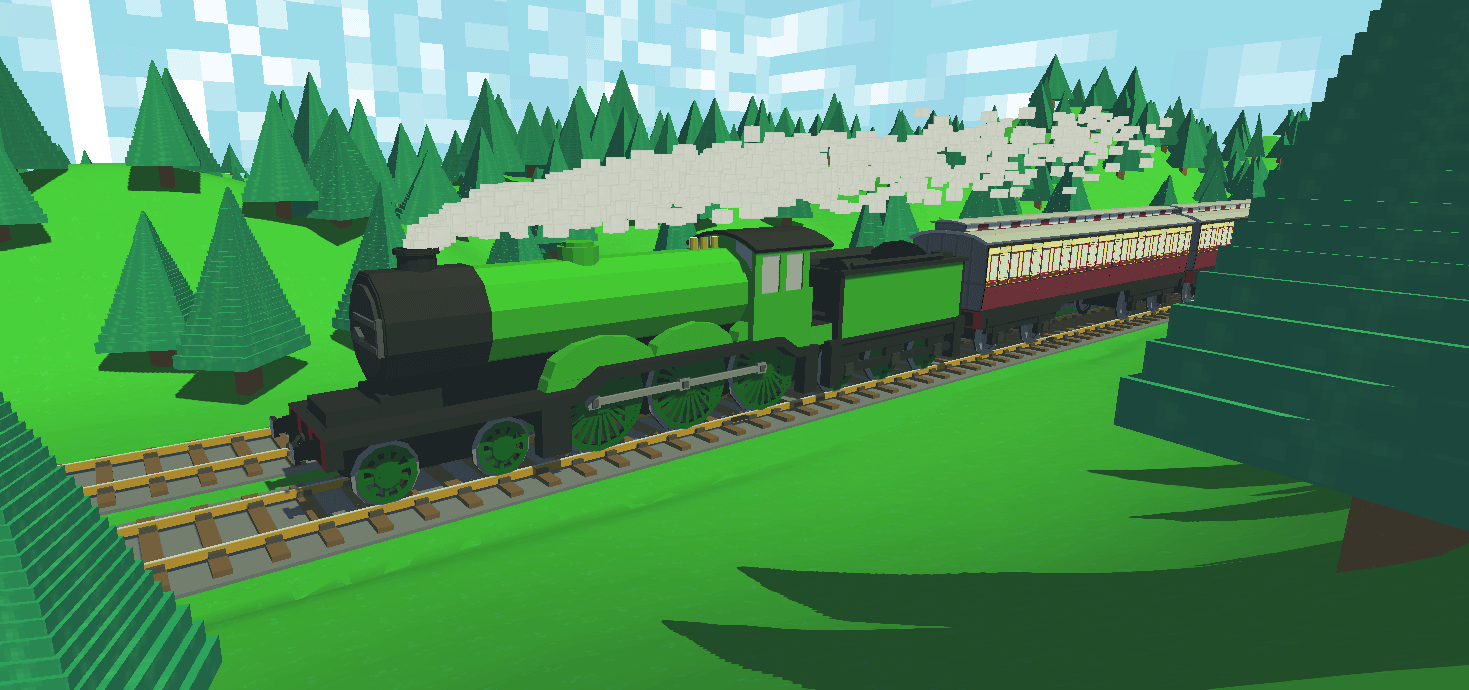 An image of my train game, with the train passing the camera while traveling through a valley