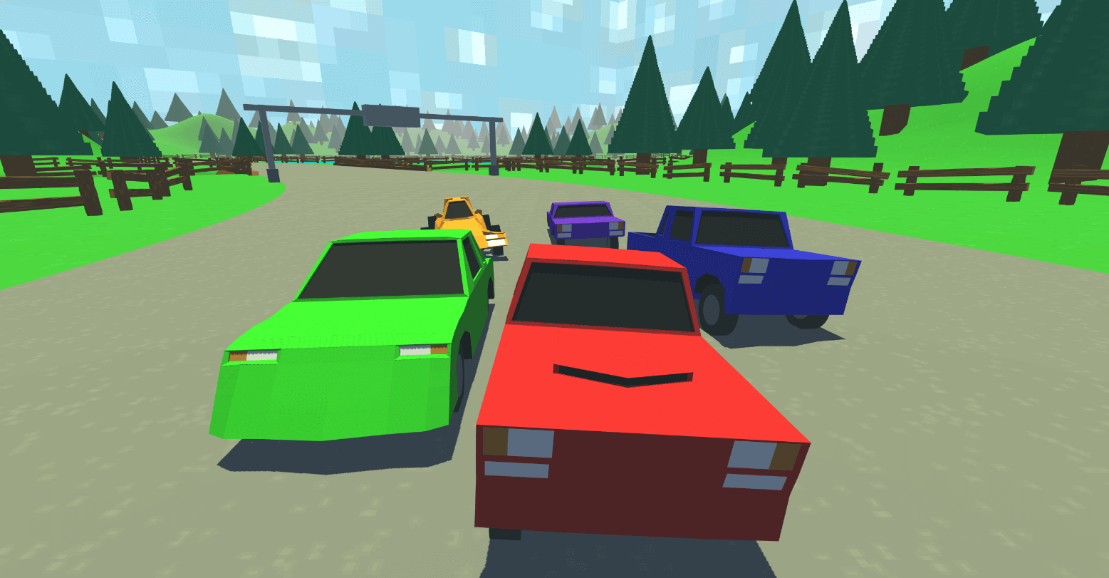 An image of my racing game, with cars moving towards the camera